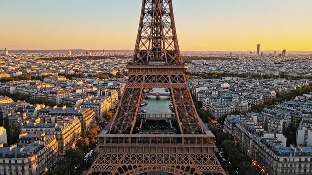 Eiffel Tower at Sunset - A Stunning Aerial View of Paris.
