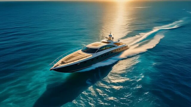 Azure expanse, luxurious vessel, sunlit journey, boundless horizon, serene motion.