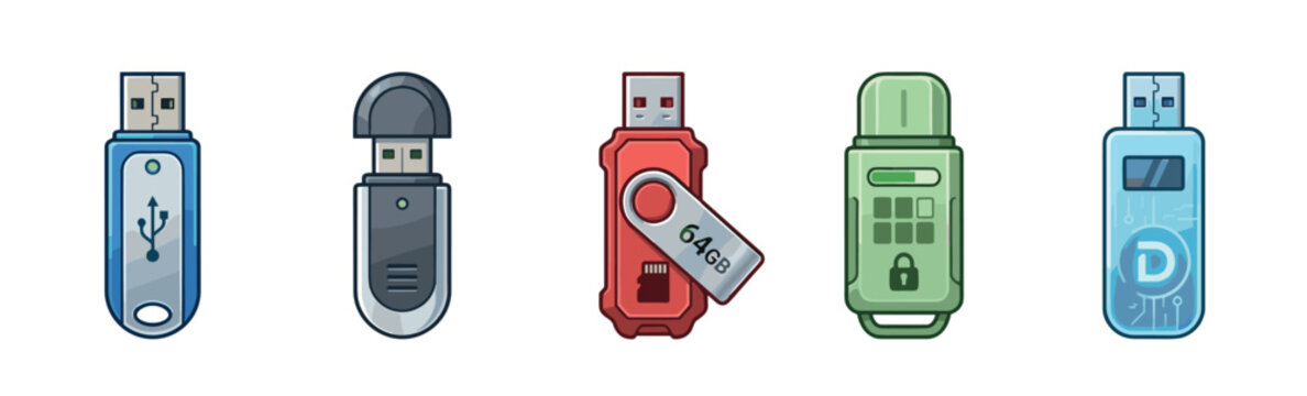 Five cartoon style USB flash drives in a row, representing various data storage and digital security concepts for modern technology.