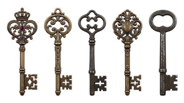Five ornate antique skeleton keys stand upright, showcasing their intricate designs, varying metallic finishes, and unique decorative elements, evoking a sense of history and mystery.