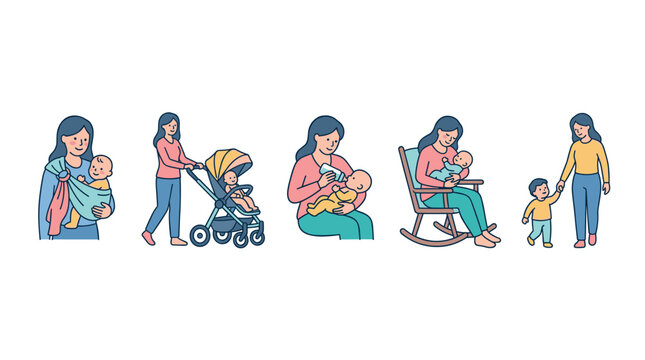 Mother and child illustrations depicting various stages of childcare and parental love, from infancy to toddlerhood, showcasing daily activities and bonding moments.