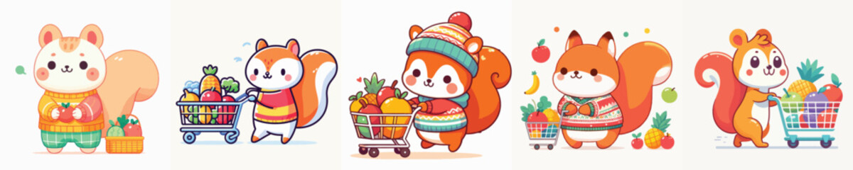 Fototapeta premium cute squirrel vector shopping for fruit