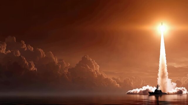 Ballistic missile launching from the open ocean , creating a huge fiery explosion and smoke plume, reflecting concepts of national security, military might, and advanced weaponry.