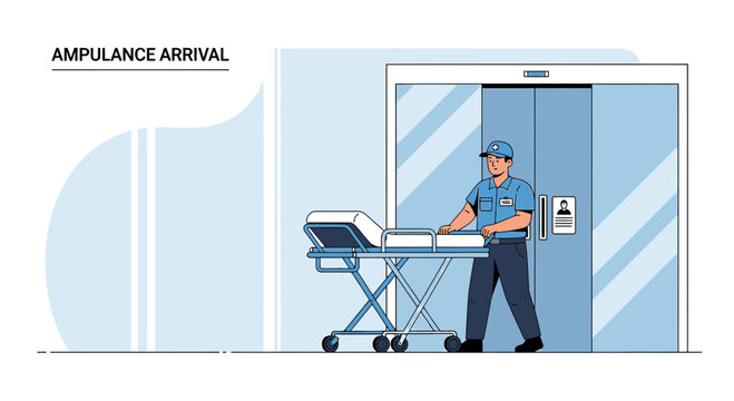 Paramedic with Stretcher Enters Hospital Elevator for Patient Transport