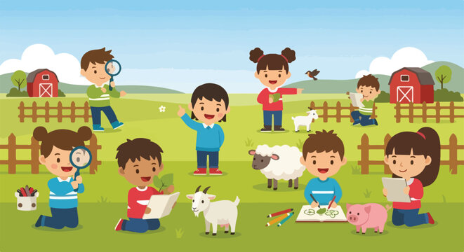 Diverse children enjoy a fun educational field trip to a farm, observing nature with magnifying glasses and drawing animals in the sunny outdoors.