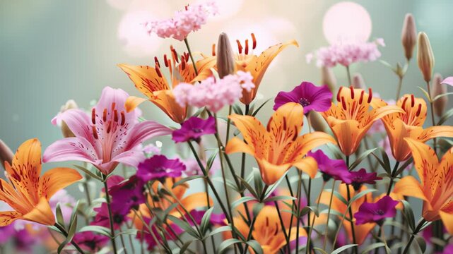 Flowers and Soft blur bokeh lights empty space for design. Colorful garden Lilia bloom on beautiful blurred green nature background. Greeting card, banner, website header. Spring floral wallpaper.