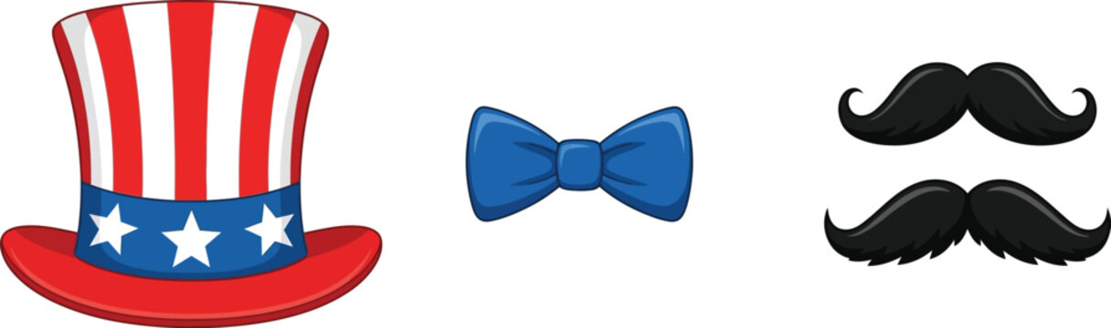 Uncle sam s hat bow tie and mustaches on a white background