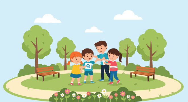 Four cheerful children gather in a vibrant green park to play and learn together under a clear blue sky with fluffy white clouds.