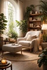 Fototapeta premium Cozy Reading Nook: An inviting interior scene, with natural light streaming through a large arched window, illuminating a comfortable armchair and a collection of indoor plants.