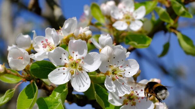 A detailed close-up shot focusing on a bumblebee actively foraging on a cluster of white pear blossoms