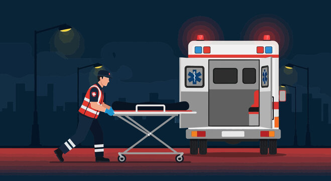 Paramedic with Stretcher and Body Bag at Night Ambulance Scene