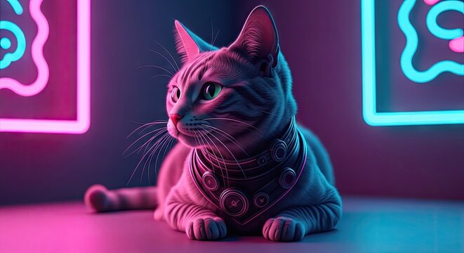 Cat portrait in neon colors with abstract background studio style imagery