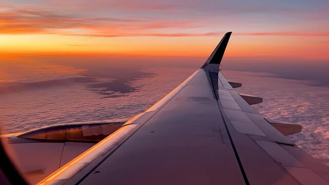 Airplane wing flying through sunset clouds.