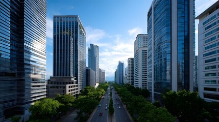 Obraz premium A panoramic view of modern skyscrapers and lush greenery lining a wide urban boulevard under a bright blue sky