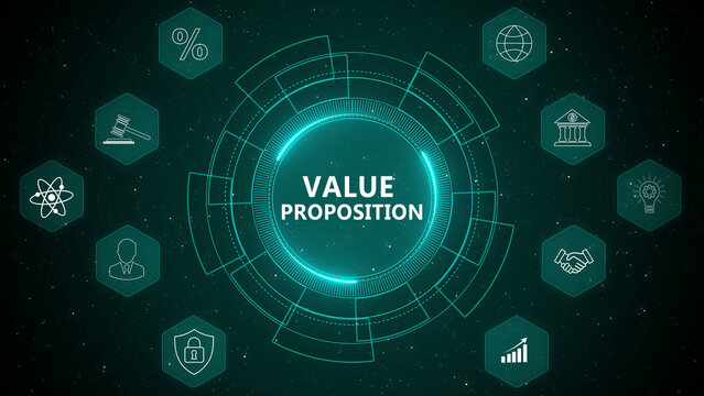 Business Value Proposition Strategy Concept with Corporate Innovation and Digital Market Positioning HUD 4K abstract technology background