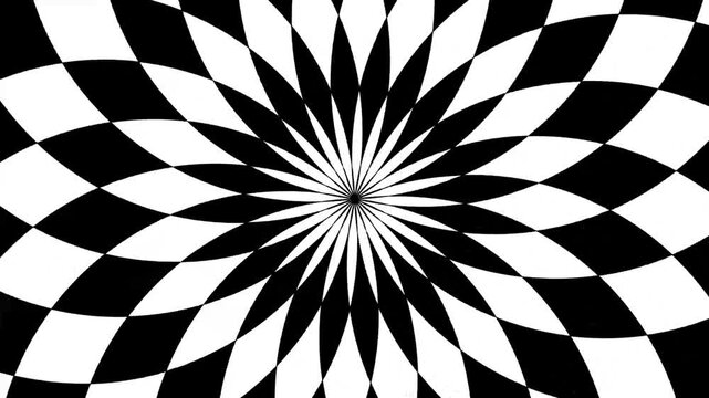 Symmetrical monochromatic optical art featuring a circular sunburst design composed of alternating dark and light geometric petal elements.