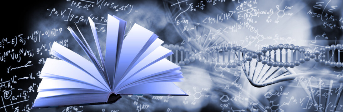 Open book with scientific symbols and DNA strand representing knowledge and discovery in science