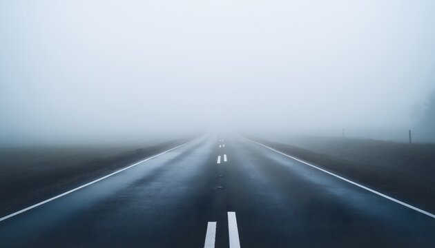 A long, straight, empty asphalt road stretches into the distance, disappearing into a dense, atmospheric fog under a muted, overcast sky.