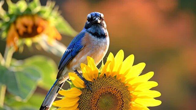 Blue California Scrub Jay perched on the head of a vibrant yellow sunflower in a garden. Side profile of the bird showing blue feathers and long tail against a bokeh background.