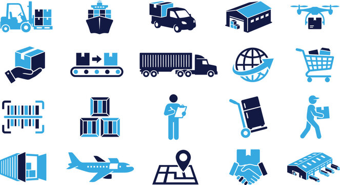 Logistics and shipping icons showing trucks planes containers and warehouse.