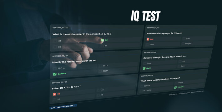 A person points at a digital IQ test screen, symbolizing the importance of neurodiversity, ADHD, and giftedness recognition to maximize cognitive potential and drive workplace integration.