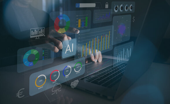 A professional uses an artificial intelligence HUD dashboard with financial charts and big data analytics. This visualizes AI business integration, digital transformation, and smart corporate growth.