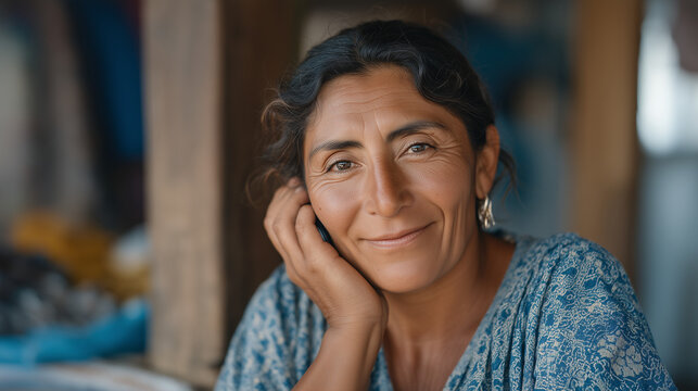 Salvadoran woman video-calling family on cracked phone screen in laundromat, homesick smile that doesn't reach eyes, foreign currency and local coins mixed in change dish nearby, immigrant experienc