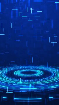 Blue holographic advanced HUD circle platform. Futuristic digital technology animated background cybersecurity. Transferring big data. Transfer and storage data block chain, server, hi-speed internet