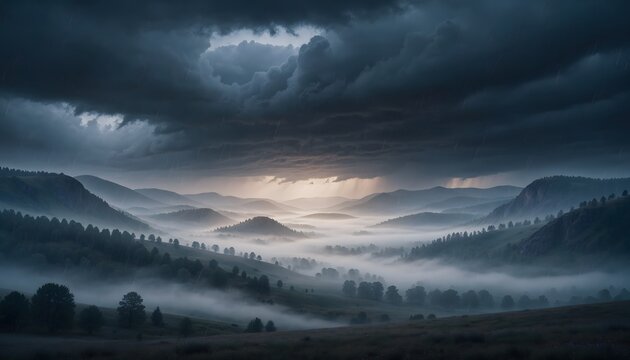 Dramatic landscape with dark storm clouds looming over a misty valley and distant forested mountains at dawn, with a hint of light breaking through.