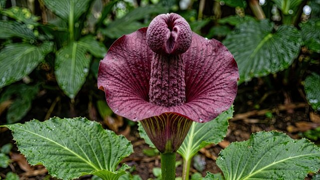 Unusual deep purple flower with intricate textured spadix and spathe detail surrounded by large green leaves.