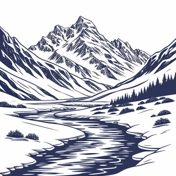 A serene winter landscape illustration featuring a snow-capped mountain range and a winding river