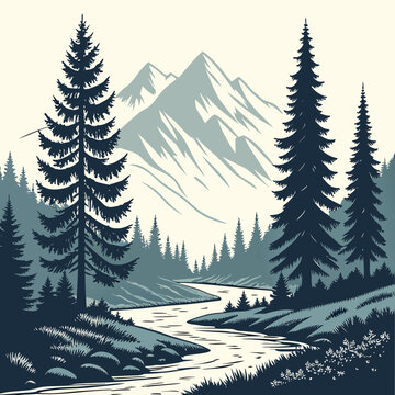 A serene landscape illustration of a winding river flowing through a forest with mountains in the background