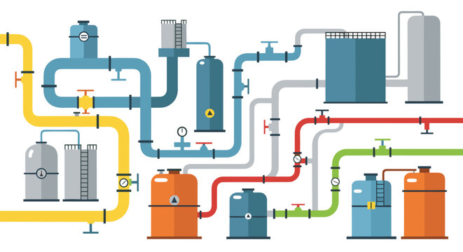 A complex network of colorful industrial pipes valves and storage tanks creates a detailed schematic of a processing plant in a flat vector style.