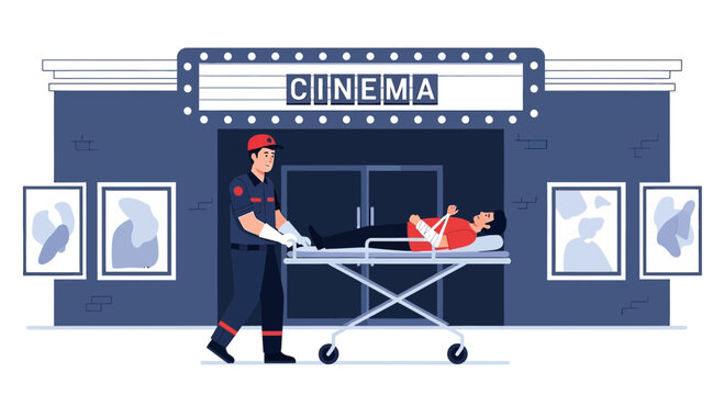 Paramedic transports injured man on stretcher from cinema entrance