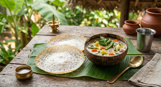 Kerala Style Appam with Creamy Vegetable Stew and Coconut Milk. Soft-centered lacy rice pancakes served with a mild and aromatic vegetable curry cooked in fresh coconut milk.
