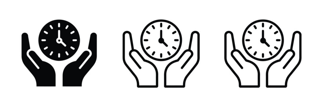 Hands holding a clock icon set featuring time management symbols, deadline tracking elements, schedule planning graphics, and modern minimalist line art for productivity tools, business workflow syste