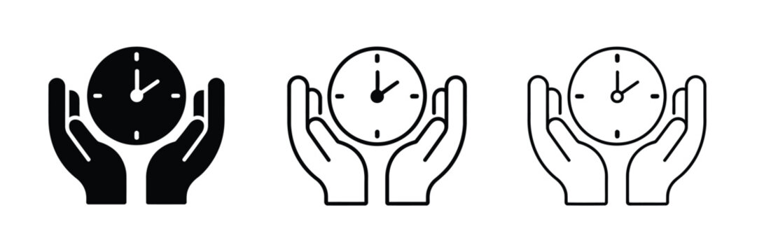 Hands holding a clock icon set featuring time management symbols, deadline tracking elements, schedule planning graphics, and modern minimalist line art for productivity tools, business workflow syste