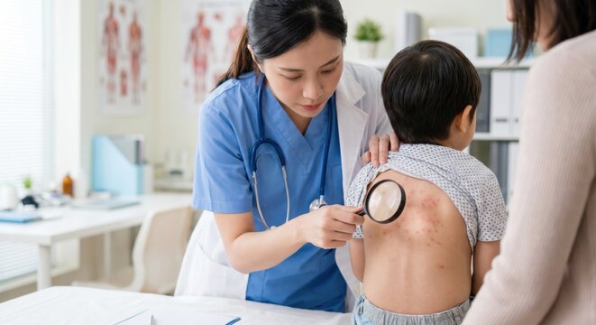 Pediatrician inspecting child back rash with magnifying glass