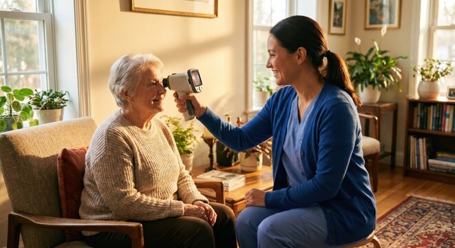 Nurse using portable retinal scanner on senior patient at home