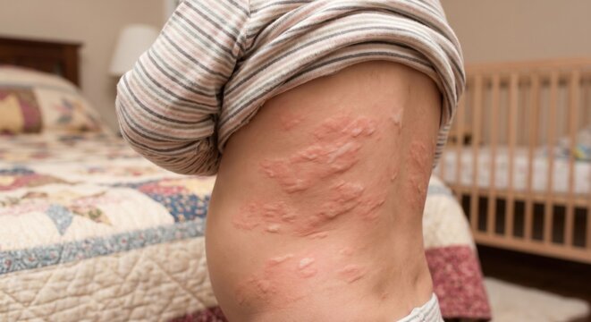 Child torso with raised hives and allergic skin reaction