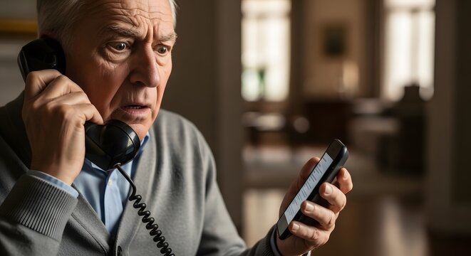 Shocked senior man holding a landline phone while staring at his smartphone in disbelief. Conceptual image of an elderly victim of an insurance phone scam or financial fraud at home