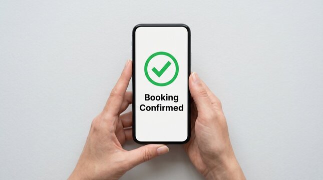 A person holding a smartphone with a booking confirmed message on the screen