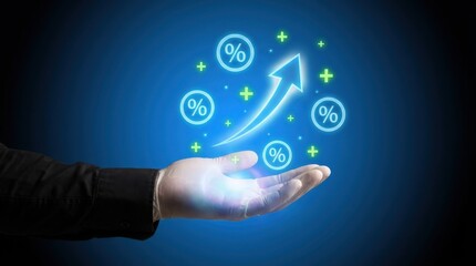 Fototapeta premium Gloved hand holding glowing percentage icons with rising arrow for financial profit gains.