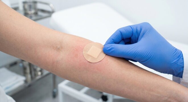 Doctor applying circular bandage to patient's arm