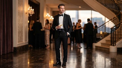 Fototapeta premium A well-dressed man in a tuxedo holding a drink at a luxurious formal event with other guests in a grand hall.
