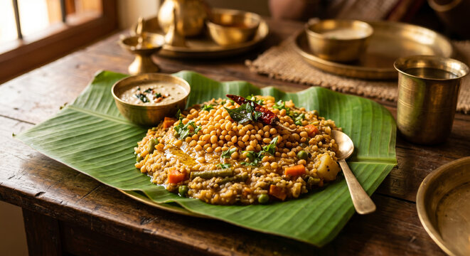 Traditional Karnataka Bisi Bele Bath served with Ghee and Boondi. A wholesome and spicy lentil-rice dish from Karnataka, garnished with cashews and served hot with a dollop of ghee.