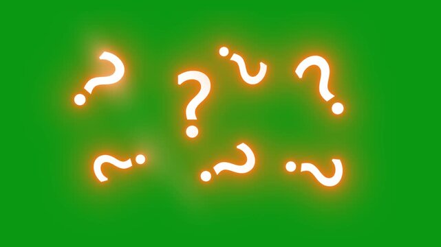 Pop up question mark animation in 4k, Confused effect raining question mark animation for quiz or tutorial video. Question mark icon animation with glowing white effect on green background chroma key