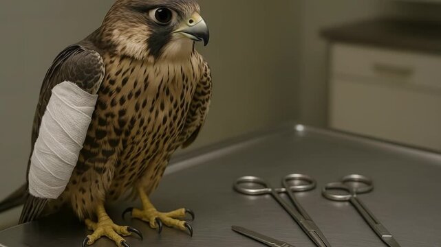 Injured falcon receives veterinary care for its bandaged wing. Medical instruments lie nearby on the sterile examination table.