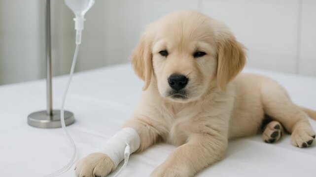 A cute golden retriever puppy receives intravenous treatment at the vet. The unwell dog lies calmly, recovering from illness.