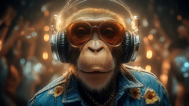 Cool Chimpanzee Wearing Headphones and Sunglasses at Club
